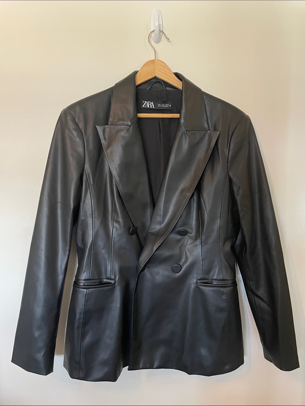 ZARA Black Faux Leather Double-Breasted Blazer Jacket